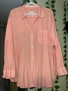 American Eagle Coral Pinstriped Oversized Slouchy Button-Up - Small EUC